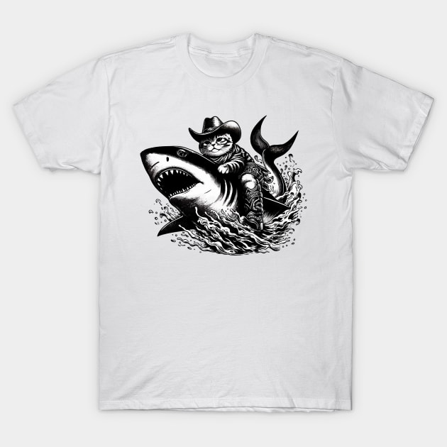 Meowdy Texas Cowboy Rodeo Cat Ride On Shark T-Shirt by TomFrontierArt